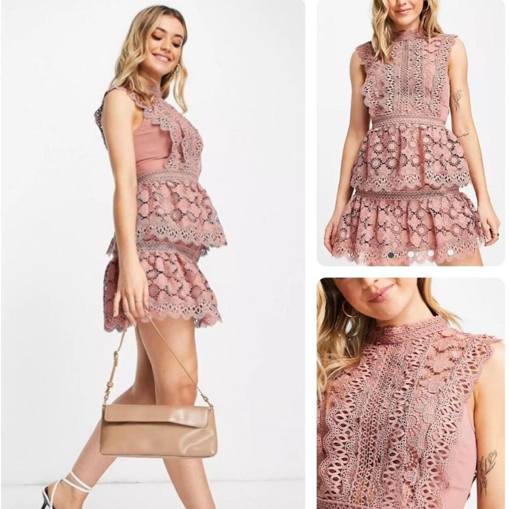 ASOS Tiered Lace Mini Dress in Dark Pink